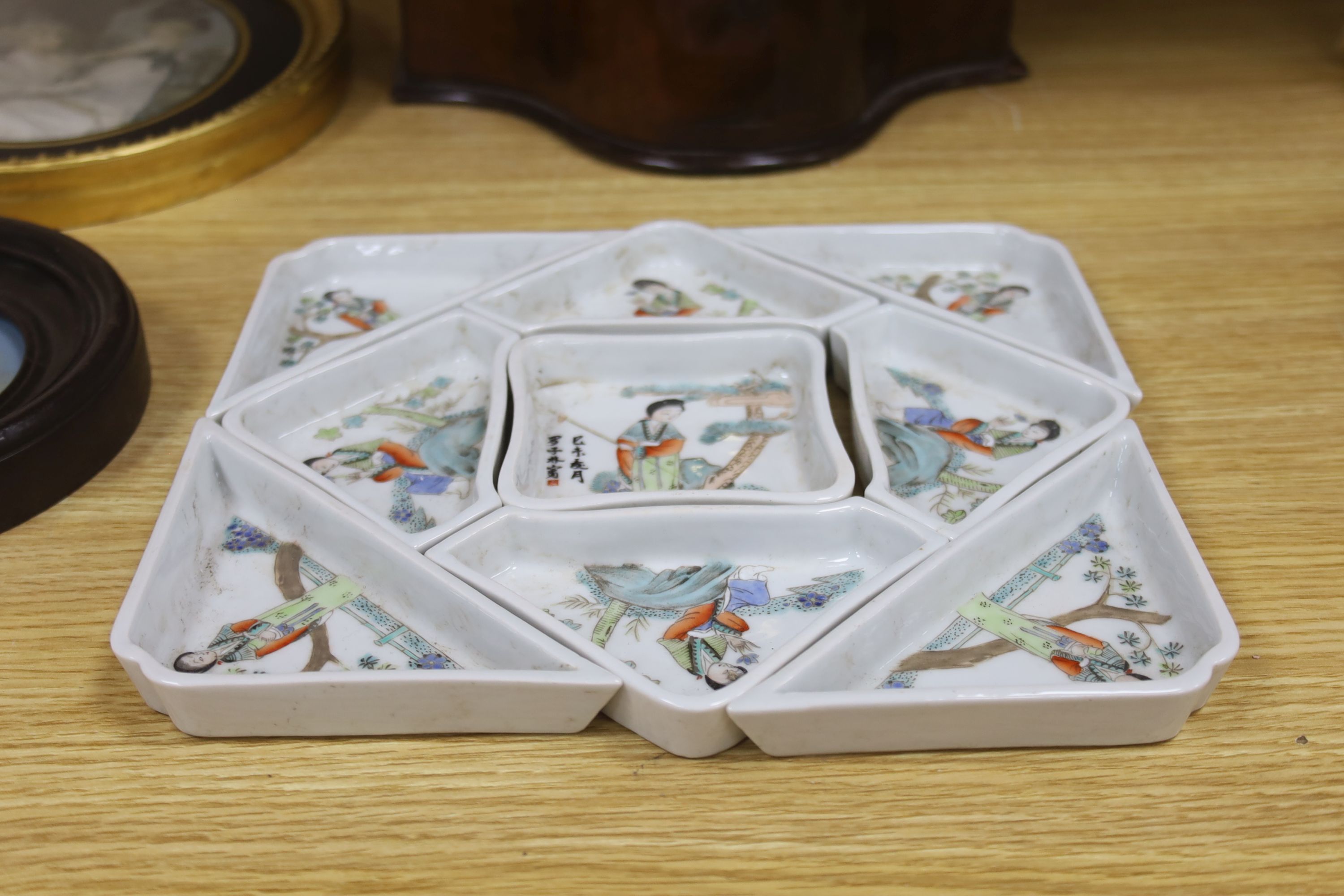 A Chinese famille rose nine piece supper set